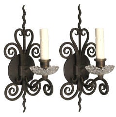 Pair Scrolled Iron Glass Sconce