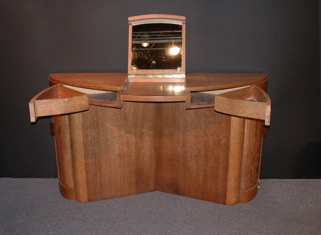 French unusual Art Deco oak vanity Table / console with the matching re-upholstered original Pouf -