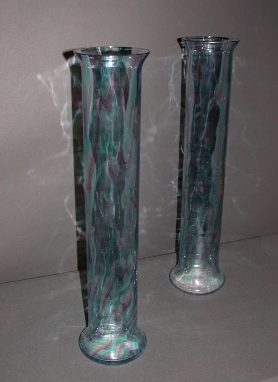 Pair of mixed blue/mauve/clear hand blown Murano glass vases.