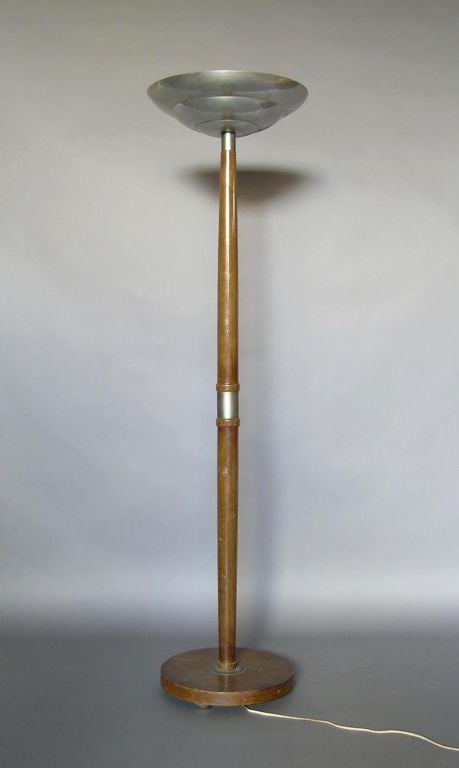 French Art Deco bleached wood and metal floor lamp.