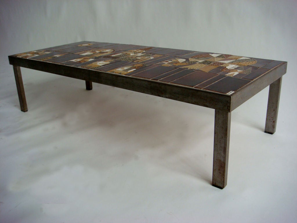 A Fine French 1960's Metal Base and Ceramic Top Coffee Table by Roger Capron In Good Condition In Long Island City, NY