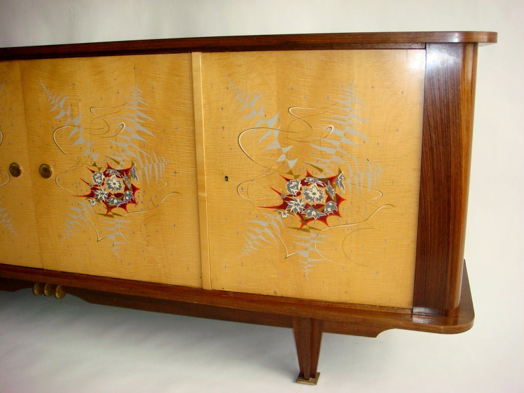 Fine French 1950s Sycamore and Rosewood Sideboard with Original Painted Doors In Good Condition For Sale In Long Island City, NY