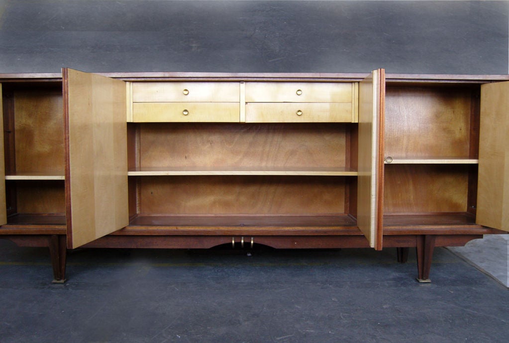 Brass Fine French 1950s Sycamore and Rosewood Sideboard with Original Painted Doors For Sale