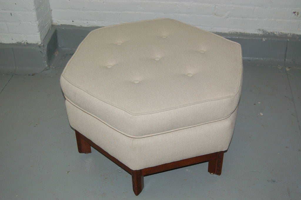 Hexagonal ottoman in mahogany and upholstery from the Taliesin series by Frank LLoyd Wright for Henredon.