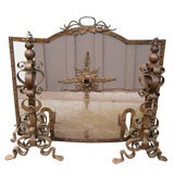 Antique Handwrought Firescreen, Andirons and Tools