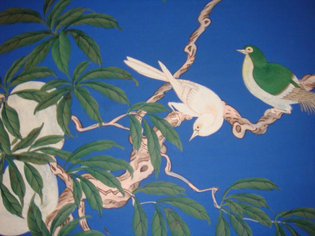 A French Chinoisserie Framed wallpaper panel. Beautiful subject as well as colors. This piece is believed to be from the winter residence of Marjorie Merriwhether-Post known as Mar-A-Lago. Large scale piece