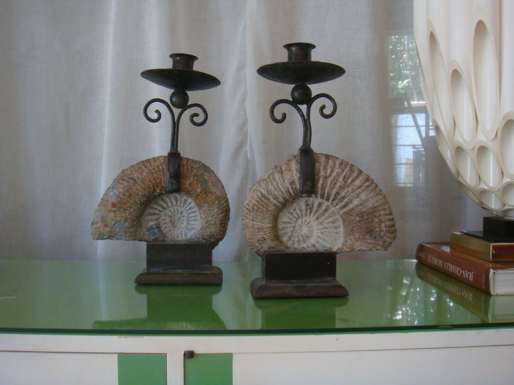 Pair Fossil and Bronze Candlesticks by Jean-Charles Moreux et Bo