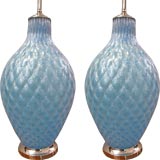 Pair of 1950's Sky Blue Barovier Blown Glass Table Lamps