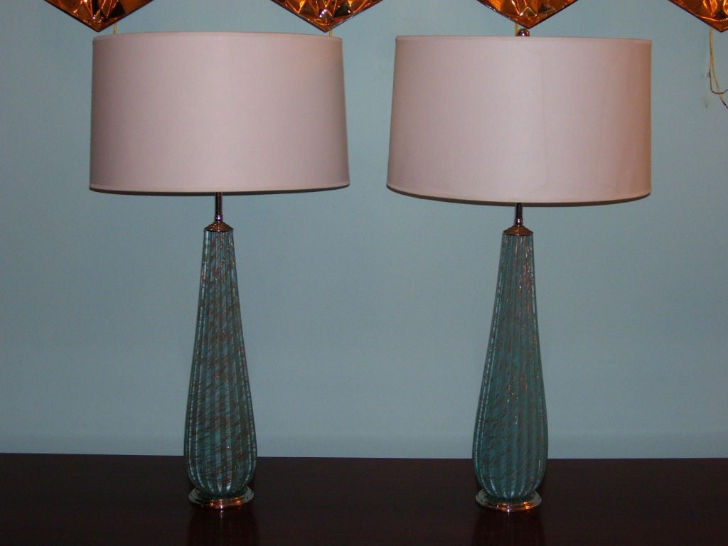 Mid-20th Century Pair of Turquoise Venetian Glass Table Lamps
