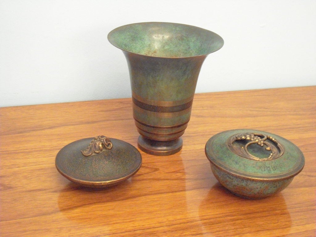 Two Beautiful Carl Sorensen cases and one vase.Hand tooled by a famed American craftsman.Each piece is bronze with a  verdigris patina finish. He also designed for Tiffany.$400, $600,$800