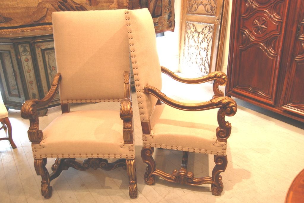 Pair 19th c. Large Giltwood Armchairs In Good Condition For Sale In New Orleans, LA