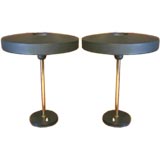 Pair of Danish Dark Green Metal & Brass Table Lamps by Phillips