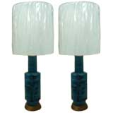 Pair of Raymor Italian Blue Ceramic Table Lamps