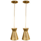 Pair of Hanging Brass Cone Lights by Paavo Tynell for Lightolier
