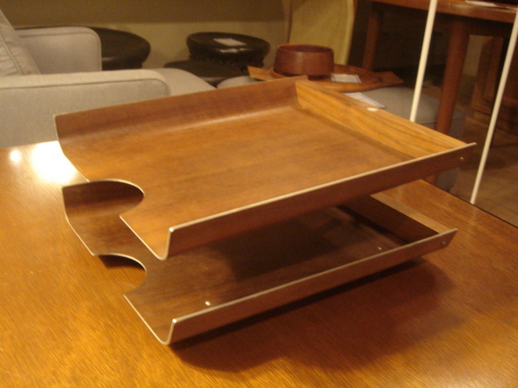 Bentwood office letter tray by Peter Pepper Products.  Circa 1950, USA. Made in the Knoll style, featuring two tiers with brushed steel swivel connector and trim.  <br />
<br />
Item may be viewed at our showroom at Center 44, 222 East 44th