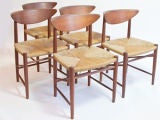 Set of Four Danish Teak & Rush Dining Chairs by Peter Hvidt