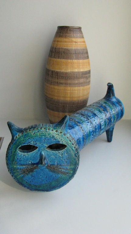 Mid-20th Century Aldo Londi Rimini Blue Ceramic Cat