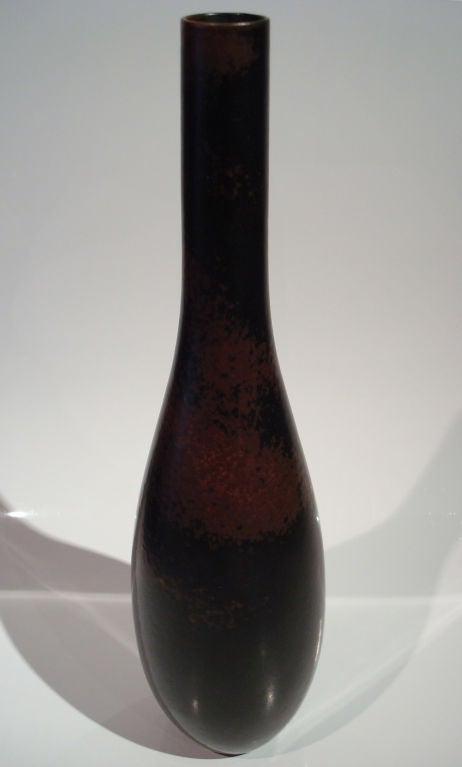 Rare brown dappled vase by Carl-Harry Stalhane for Rörstrand. Elegant bottle form vase in black satin glaze with subtle brown flecking. Signed twice 