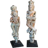 Antique PAIR OF INDIAN CARVED AND POLYCHROMED WOODEN FIGURES