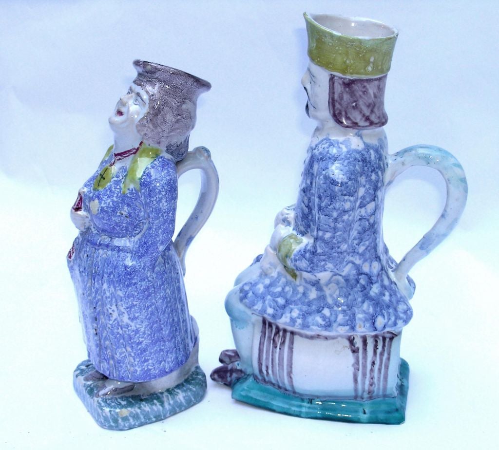 TWO  FRENCH POLYCHROMED FAIENCE POTTERY FIGURAL TANKARDS For Sale 2