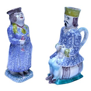 TWO  FRENCH POLYCHROMED FAIENCE POTTERY FIGURAL TANKARDS For Sale