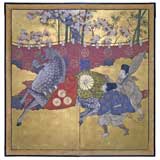 APANESE TWO-PANEL SCREEN WITH HORSE AND TWO ATTENDANTS
