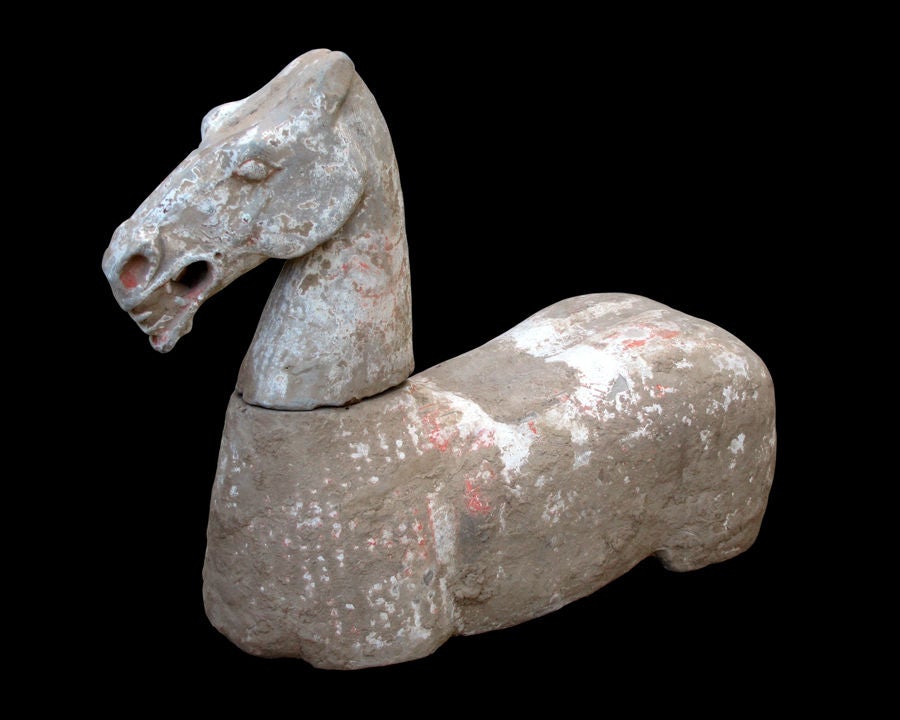 CHINESE PAINTED GRAY POTTERY MODEL OF A LARGE HORSE