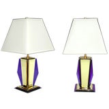 PAIR OF FRENCH ART DECO CITRINE AND COBALT  MIRRORED LAMPS