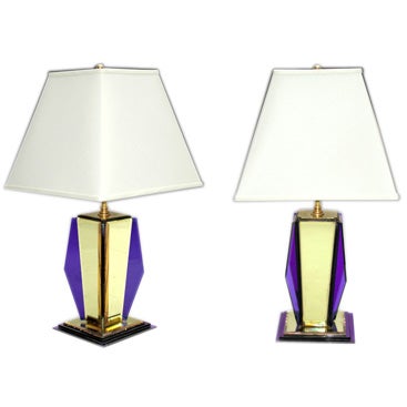 PAIR OF FRENCH ART DECO CITRINE AND COBALT  MIRRORED LAMPS