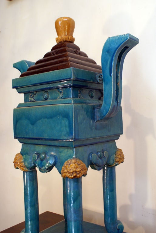 Ming dynasty censor circa 1650 in three sections with turquoise, aubergine and ochre glazes.  This piece has been professionally restored. Originally part of an altar garniture.