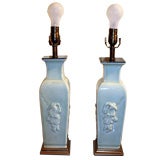 A Pair of Elegant Pale Celadon Chinese Vases Mounted as Lamp