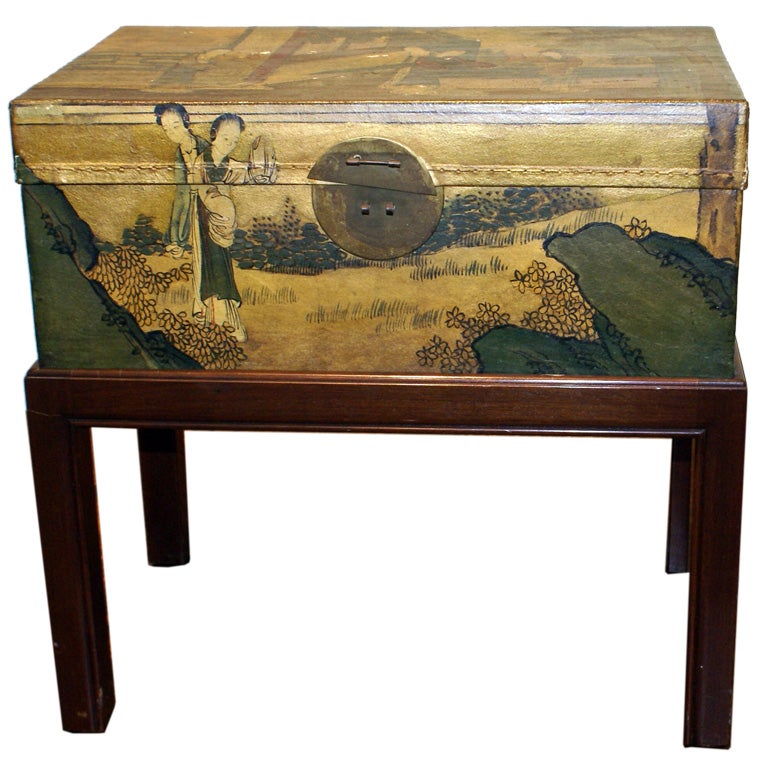 Painted Leather Trunk on Later Wooden Stand