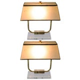 A Pair of Brass and Lucite lamps with Goat Skin Shades.