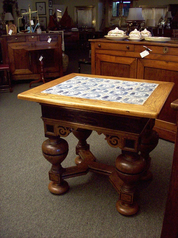 20th Century Antique Carved Center Table with Original  Delft Tiles
