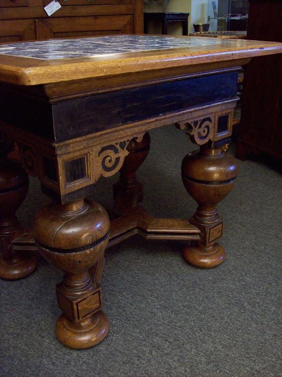 Dutch Antique Carved Center Table with Original  Delft Tiles