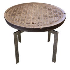 New York City Vintage Manhole Cover & Chrome Base End Table