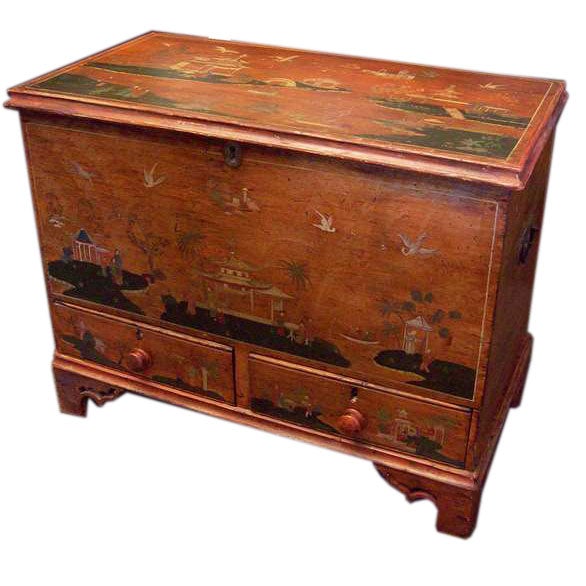 Antique English Naive Chinoiserie Red Mule Chest