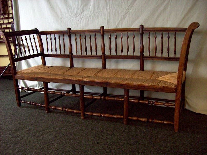 19th Century Antique Rush Seat Spindle Bench