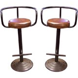 Vintage PAIR of Mid-Century French Leather Topped Stools for the Bar