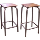 Vintage PAIR of Industrial Stools with Wooden Seats