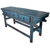 Blue Antique Chinese Three Drawer Farm Console