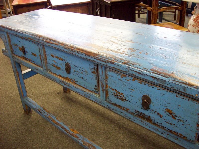 Blue Antique Chinese Three Drawer Farm Console