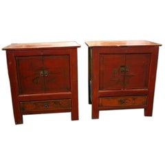 PAIR of Antique Red Lacquered Mongolian Side Cupboards