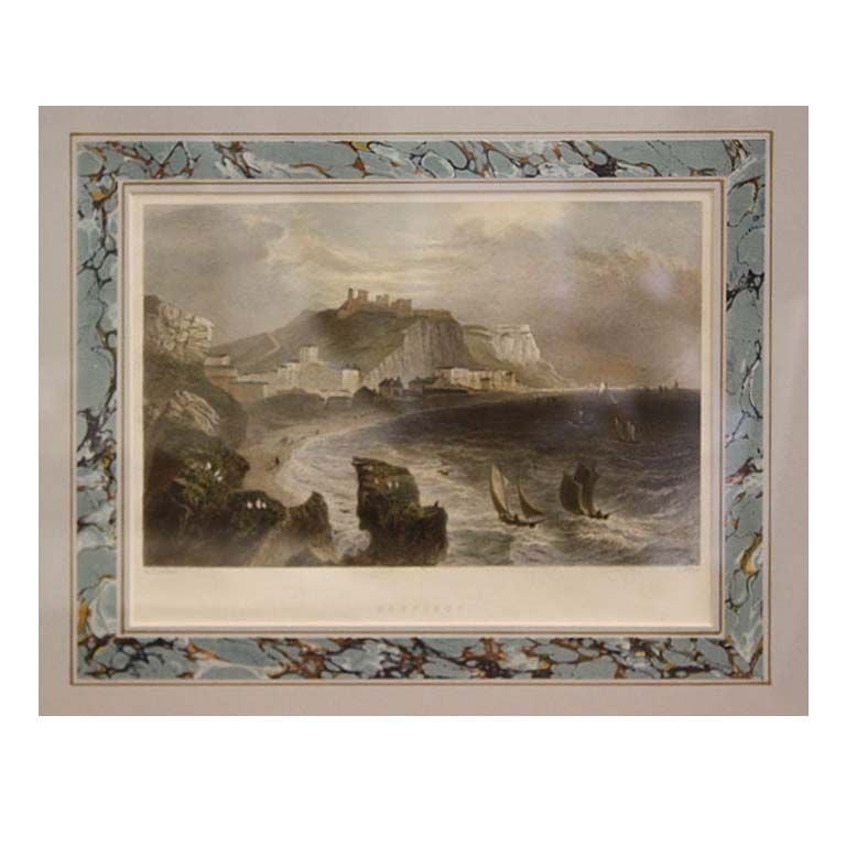 Six Antique Framed Hand-Colored Engravings, English Port Scenes For Sale