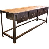 Long MidCentury French Industrial Four Drawer Steel/ Wood Consol