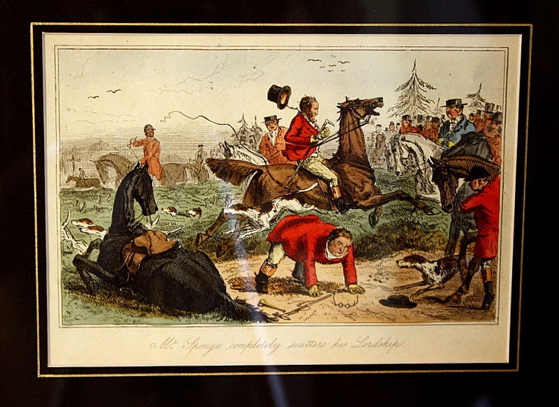 A SET of six hand-colored humorous hunting cartoons from two books of satirical illustrations by John Leech, circa 1880. Newly matted and framed.  Images #1-4 show selections from The book 