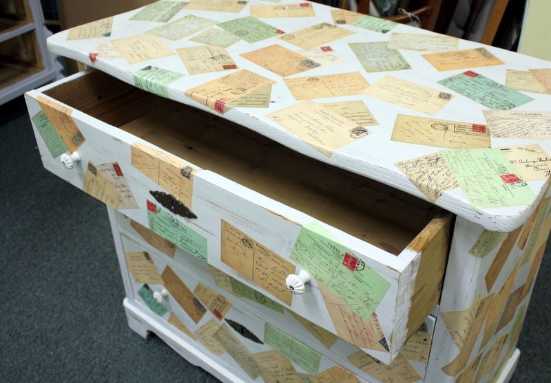 Antique Decoupaged Cottage  Chest, FRENCH POSTCARDS