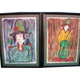 Pair Framed Water Color Clowns Signed by Francois Paris
