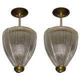 Pair of Pear-Shaped Murano Glass Lanterns with Bronze Structures
