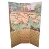 Hand Painted Three-Panel Pastoral Scene Floor Screen